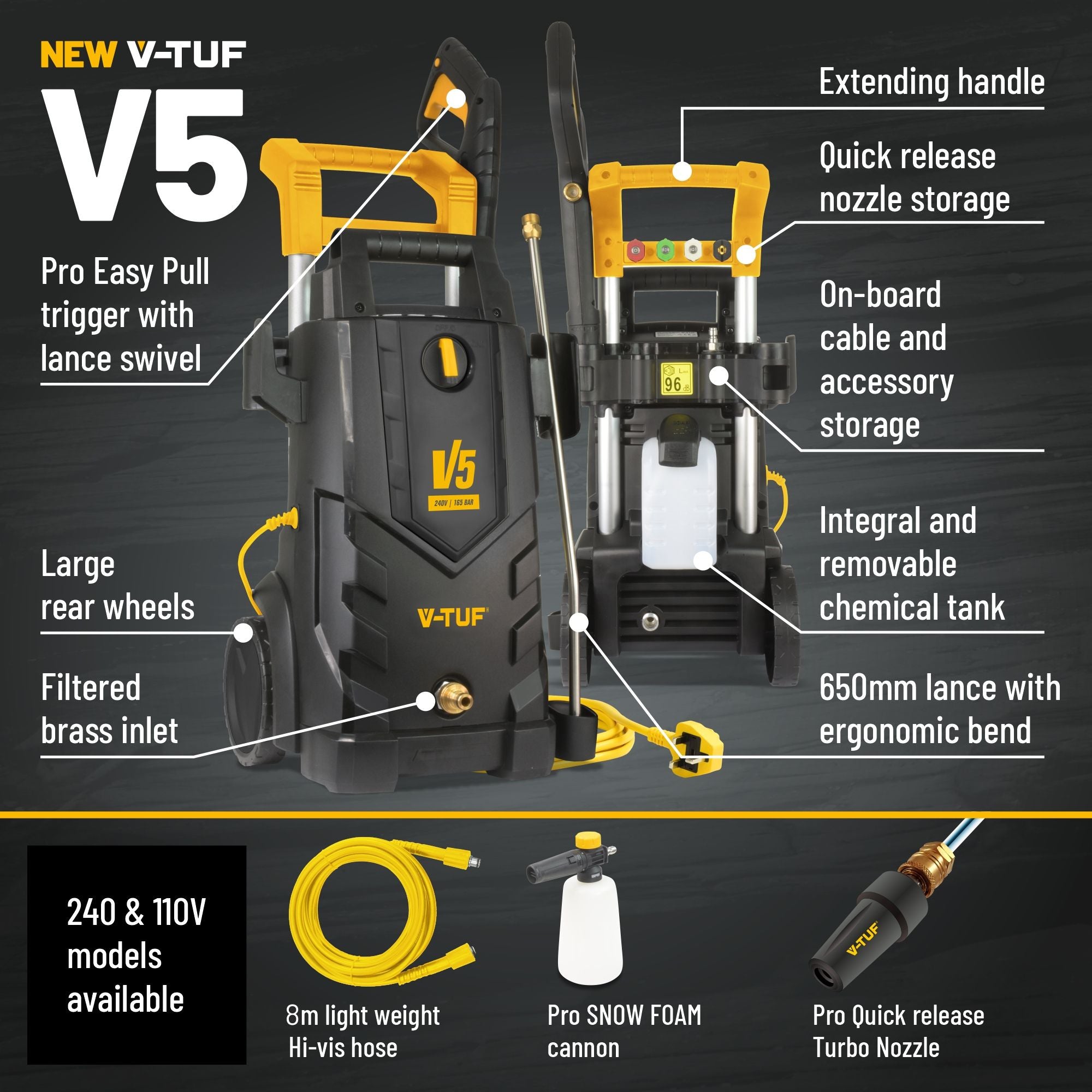 V-TUF V5240X2 electric pressure washer side profile showing trigger gun and 8m hi-vis orange hose