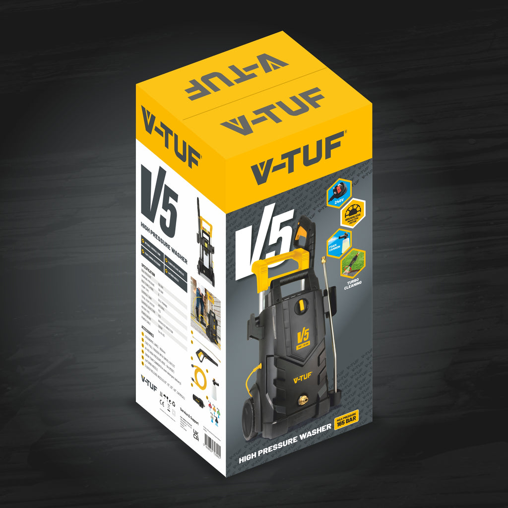 V-TUF V5240X2 electric pressure washer full kit laid out including gun, lance and 8m hi-vis hose