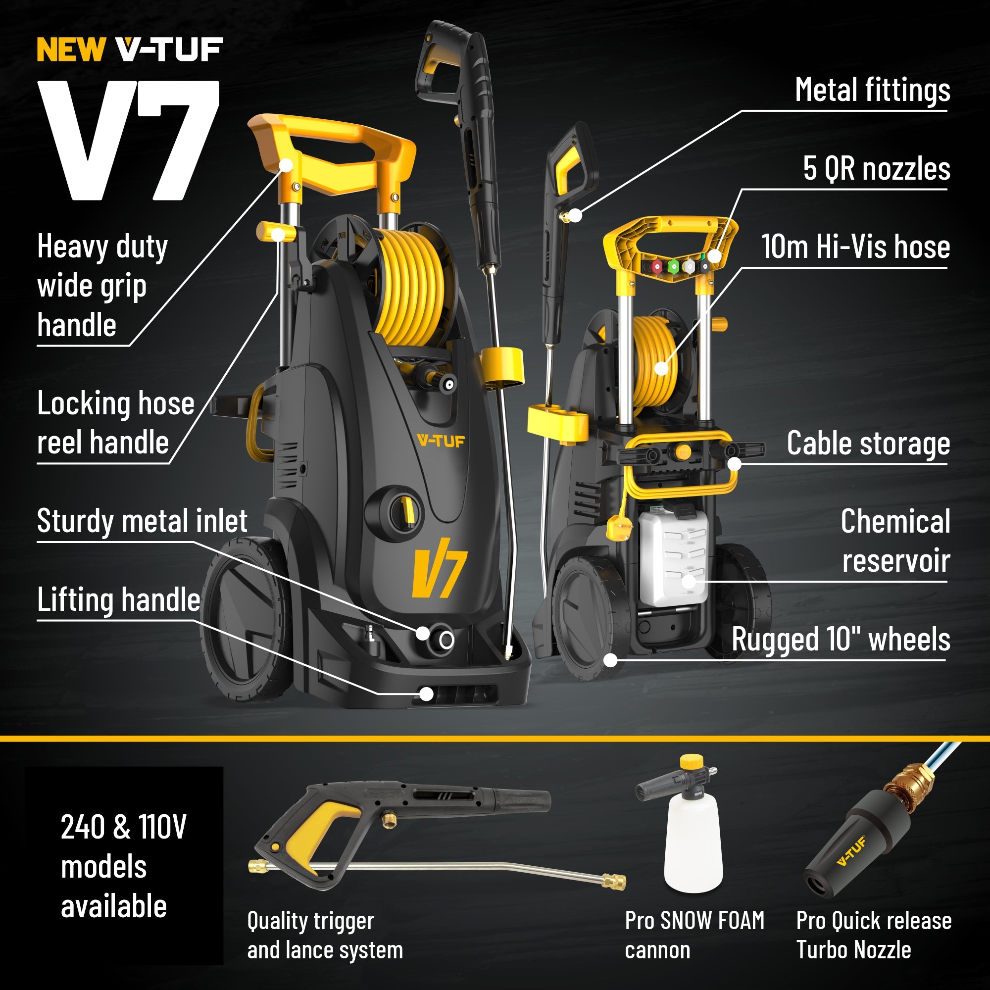 V-TUF V7110 side view showing brushless motor, hose reel and compact body