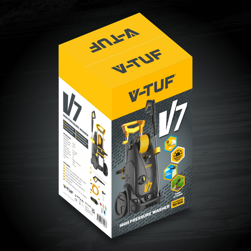 V-TUF V7 110V pressure washer full kit showing machine with 10m hose reel