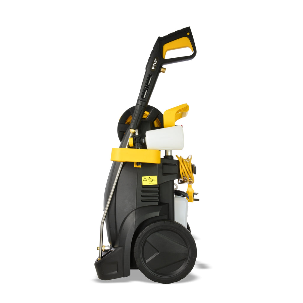 V-TUF V7240 pressure washer in use showing 250 Bar hose reel cleaning output