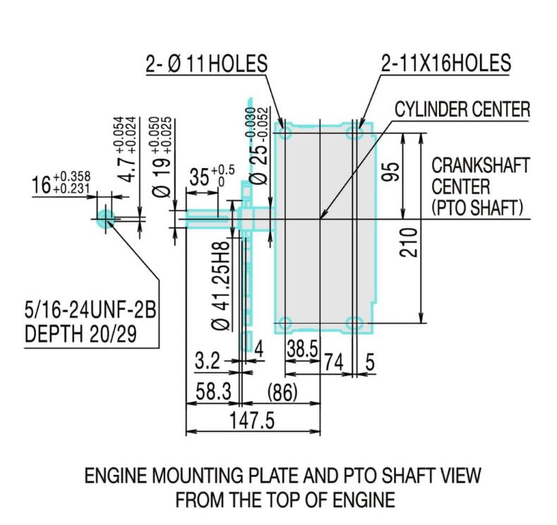 V-TUF Yanmar diesel engine VD5L48 angle view showing cooling fins and exhaust