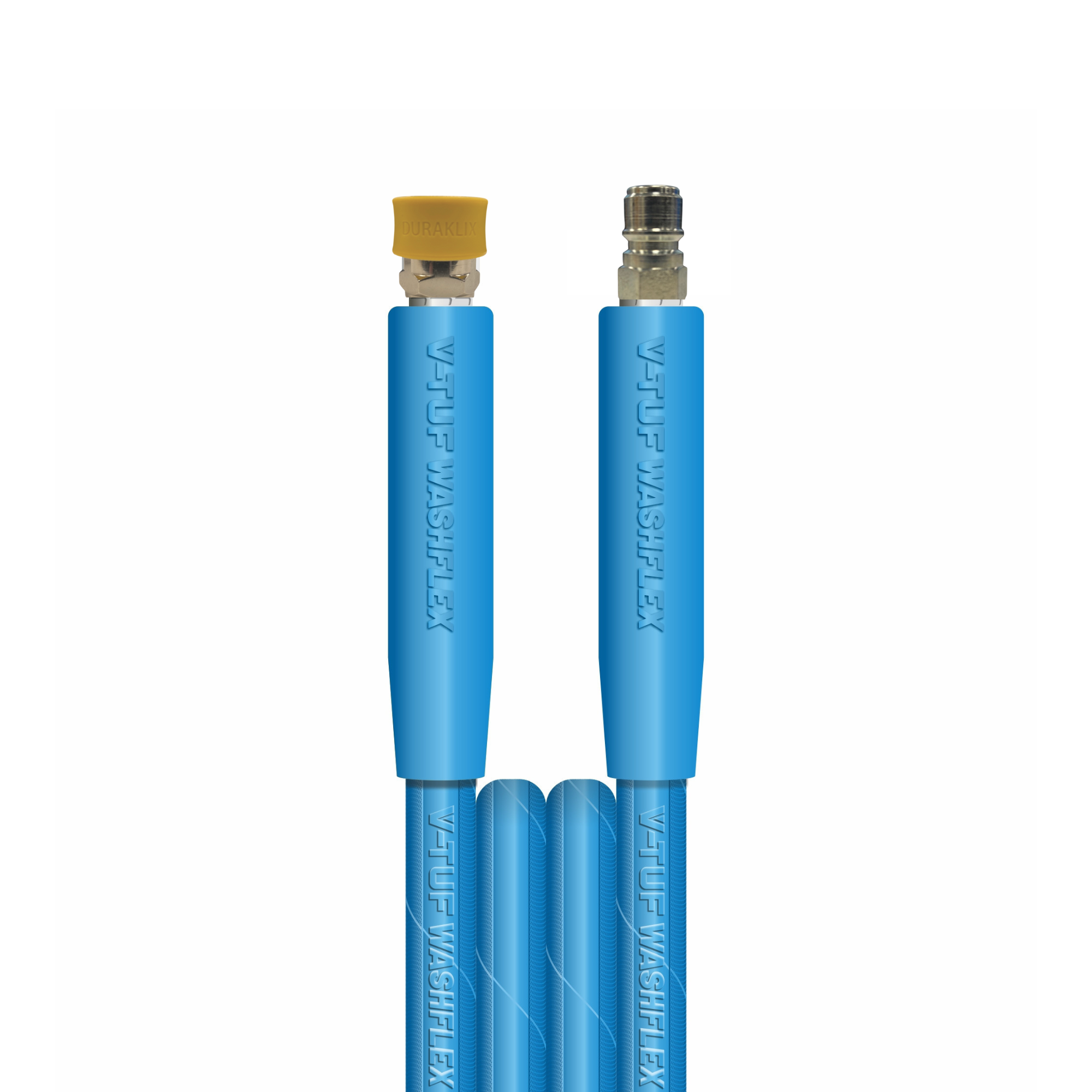 V-TUF blue 2-wire 3/8 jetwash hose with TSQ female and TSQ male couplings showing fitting detail