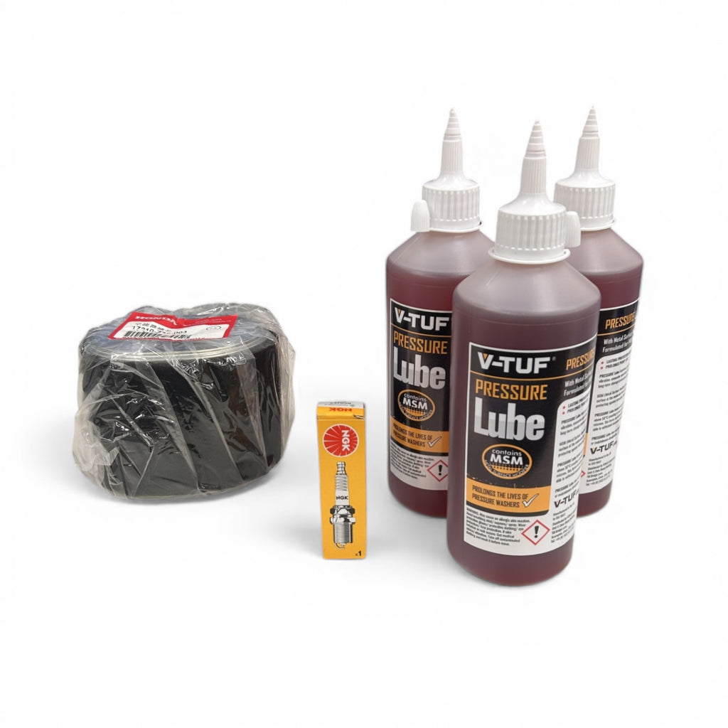 V-TUF VTES049 Honda GX390 service kit contents showing oil filter spark plug and air filter