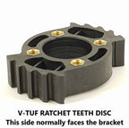 V-TUF hose reel ratchet disc close-up showing tooth detail and locking mechanism