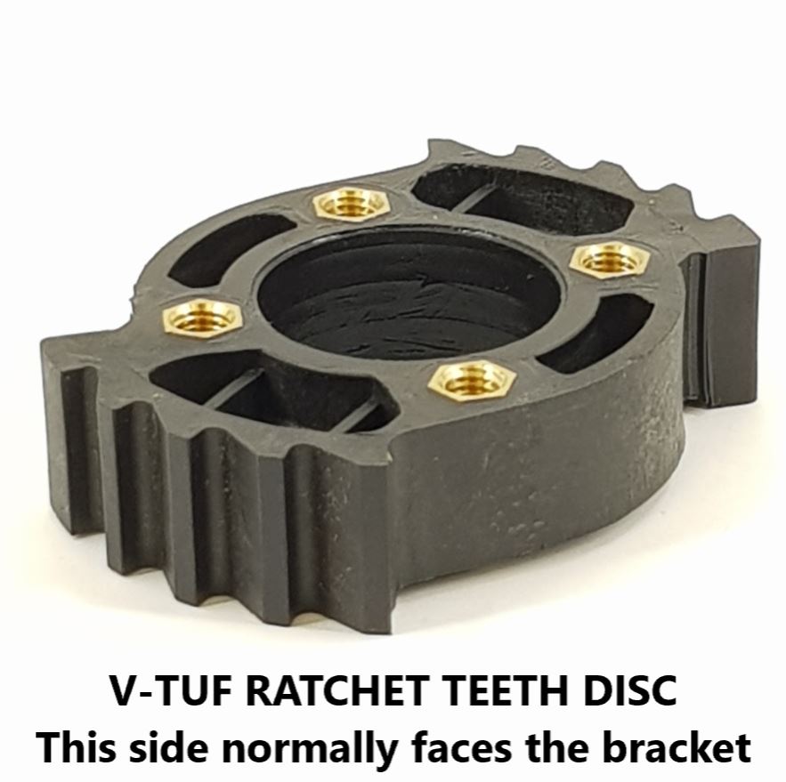 V-TUF hose reel ratchet disc close-up showing tooth detail and locking mechanism