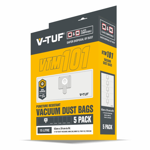 V-TUF MINI vac dust bags VTM101, pack of 5 paper filter bags for 15L MINI vacuum