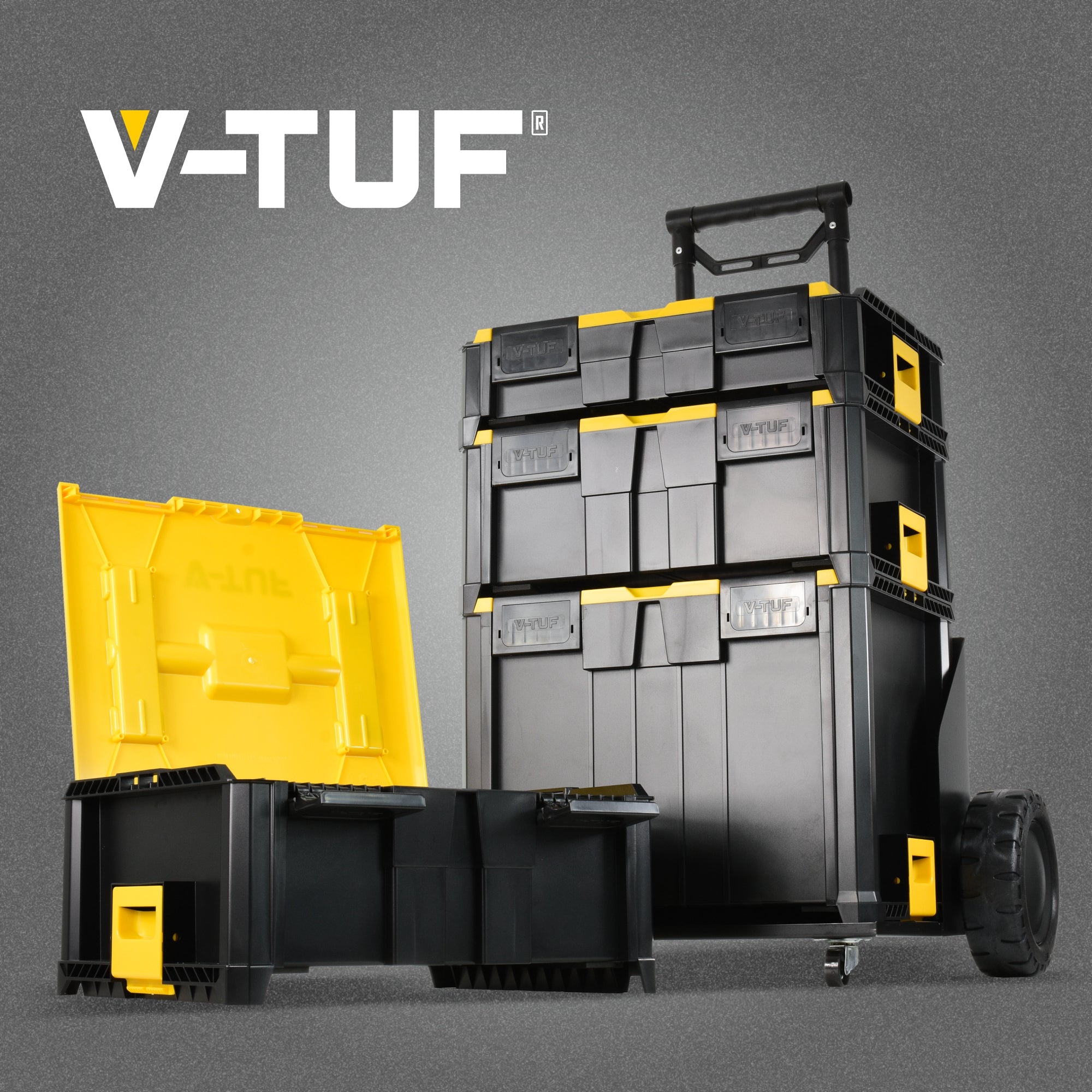 V-TUF VTM454 barrow close-up showing storage box securing and wheel barrow handles