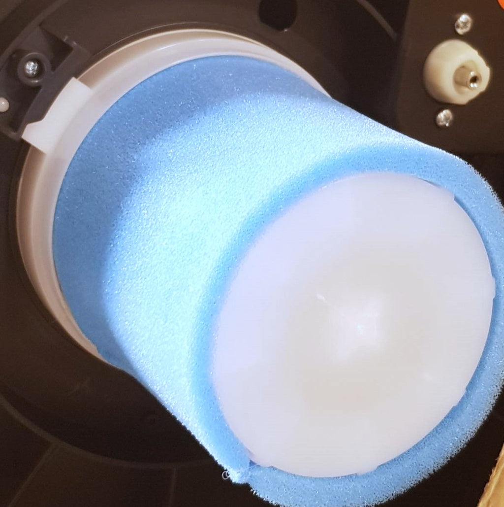 V-TUF StackVac blue foam filter close-up showing filtration media and seal