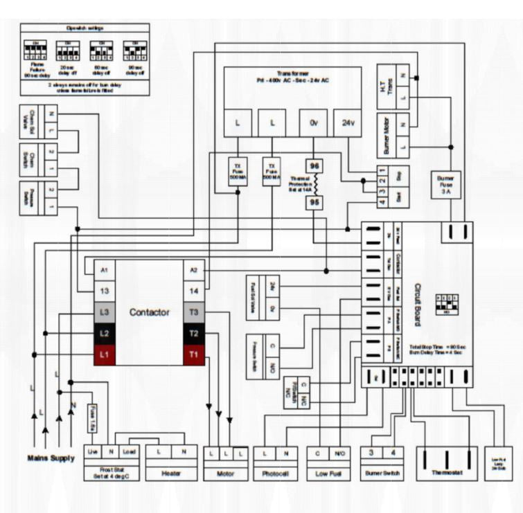V-TUF SXL flame monitor PCB VTPS4373 close-up showing relay, terminal block and LED indicator
