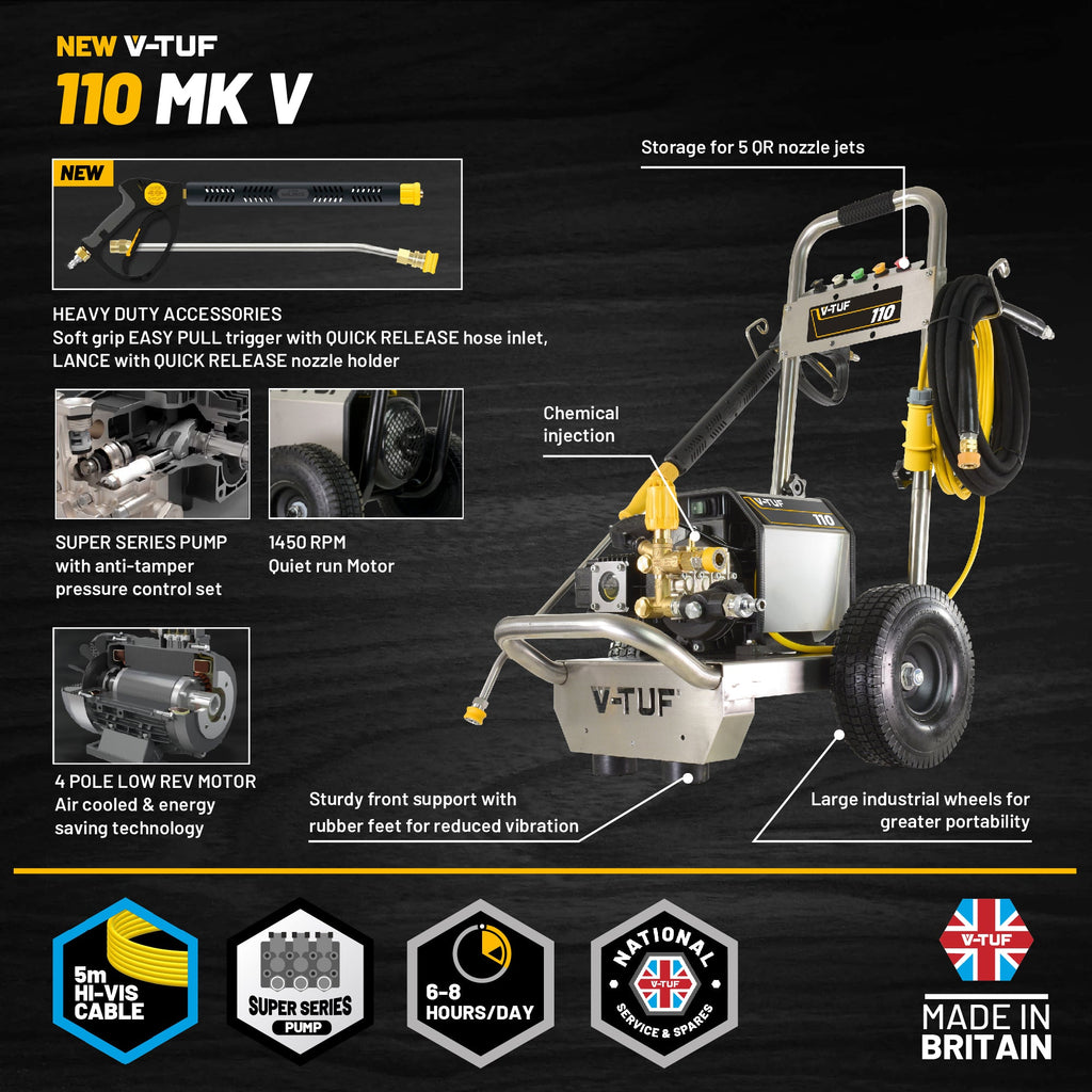 V-TUF VTUF110 110v site washer side view showing orange power lead and pump unit
