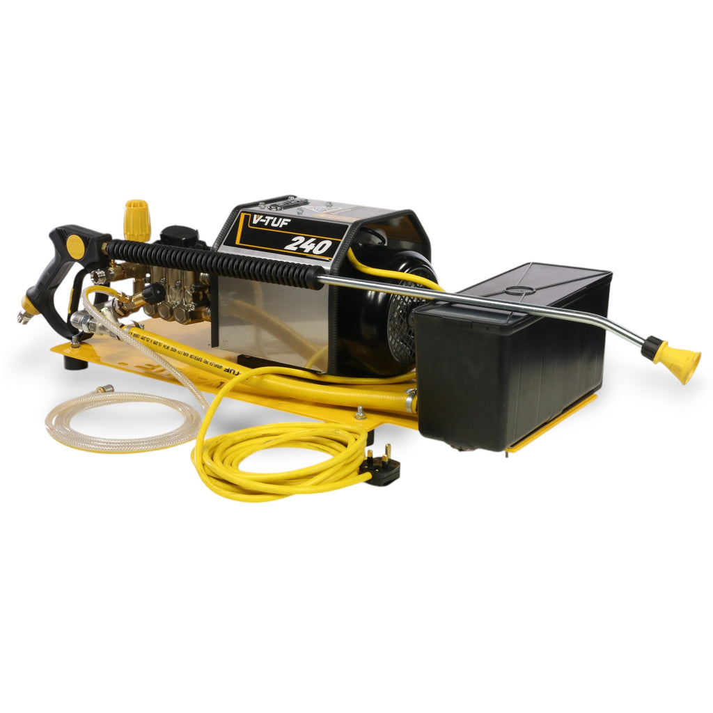 V-TUF 240TCW pressure washer rear view showing water tank inlet and electrical connections