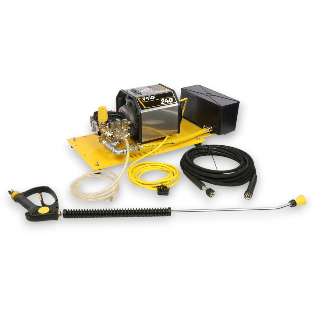 V-TUF VTUF240TCW angle view showing baseplate, water tank and hose connections