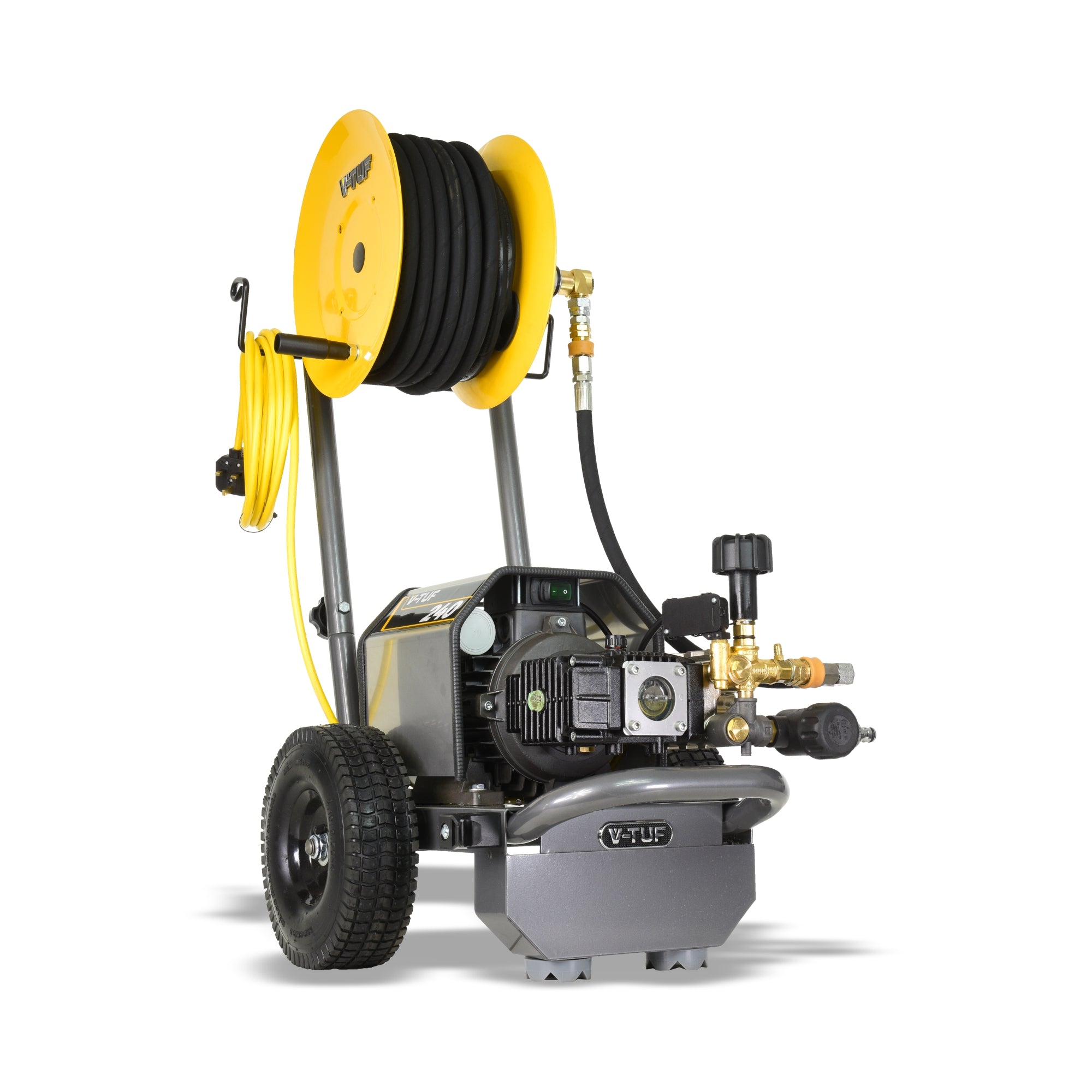 V-TUF VTUF240HR pressure washer side view showing integrated 20m hose reel and motor