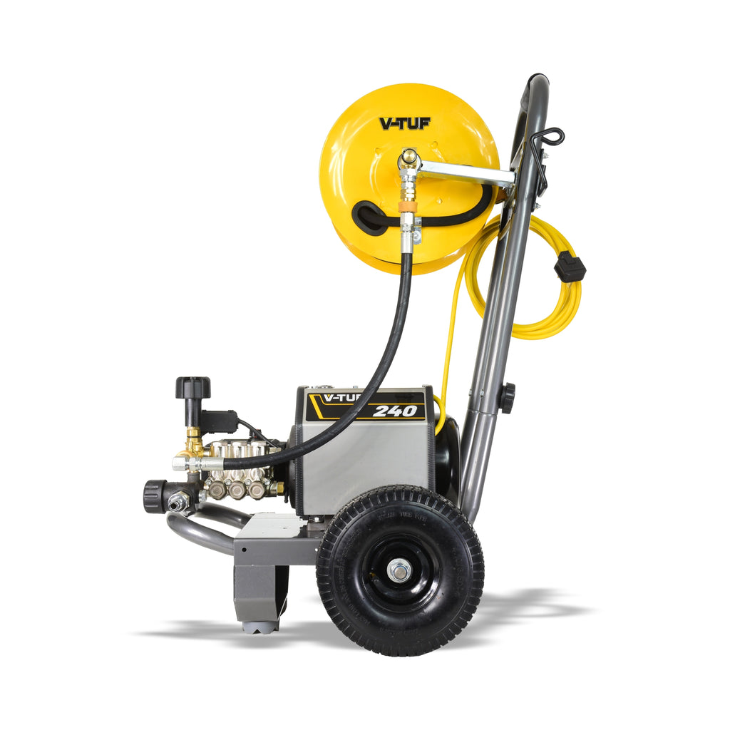 V-TUF 240HR pressure washer rear view showing power cable entry and hose reel drum