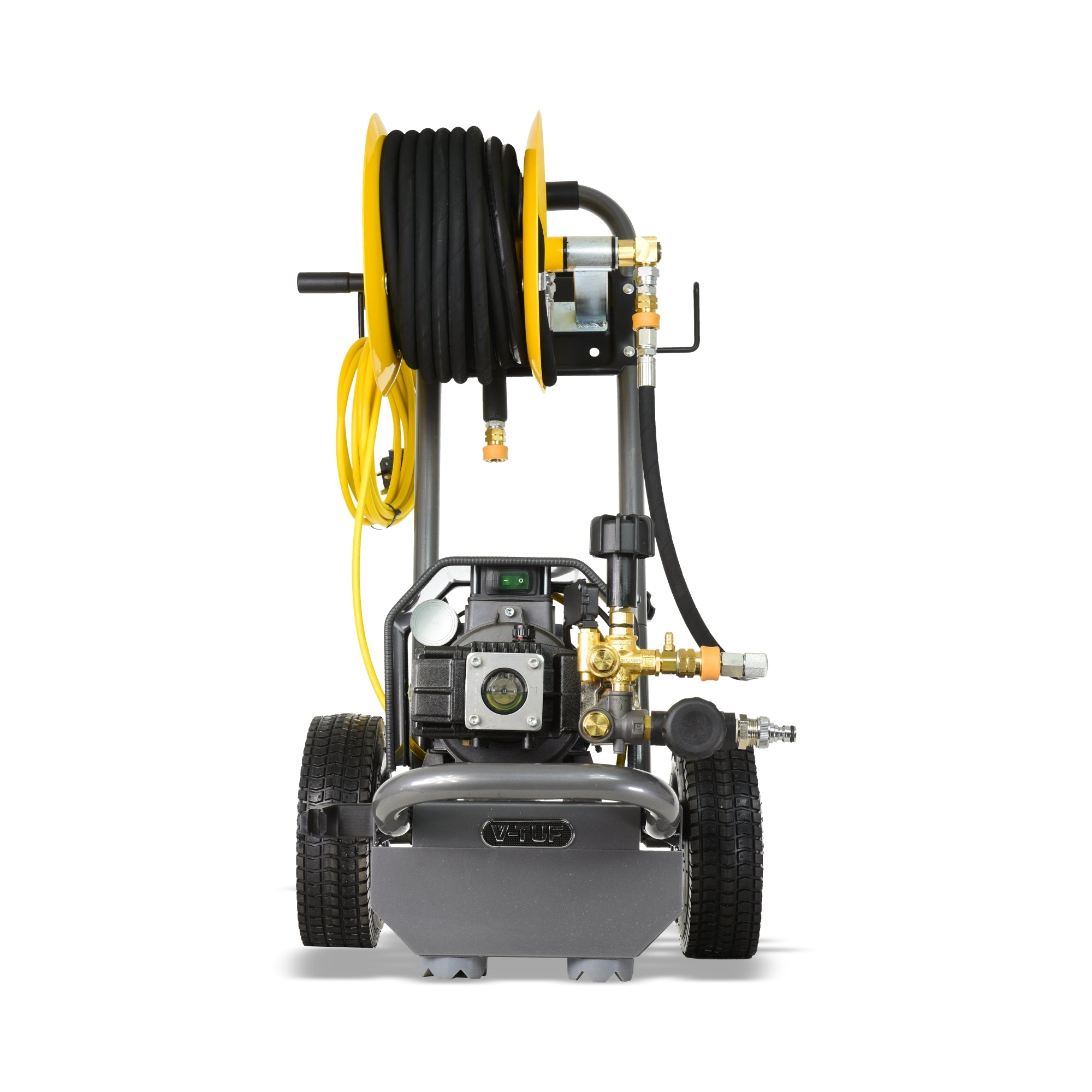 V-TUF 240HR pressure washer close-up of hose reel mechanism and 100 Bar pump outlet