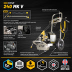 V-TUF VTUF240T pressure washer side view showing stainless steel frame and motor housing