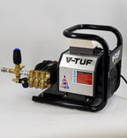 V-TUF 415V high flow pressure washer rear view showing pump, unloader and connection ports