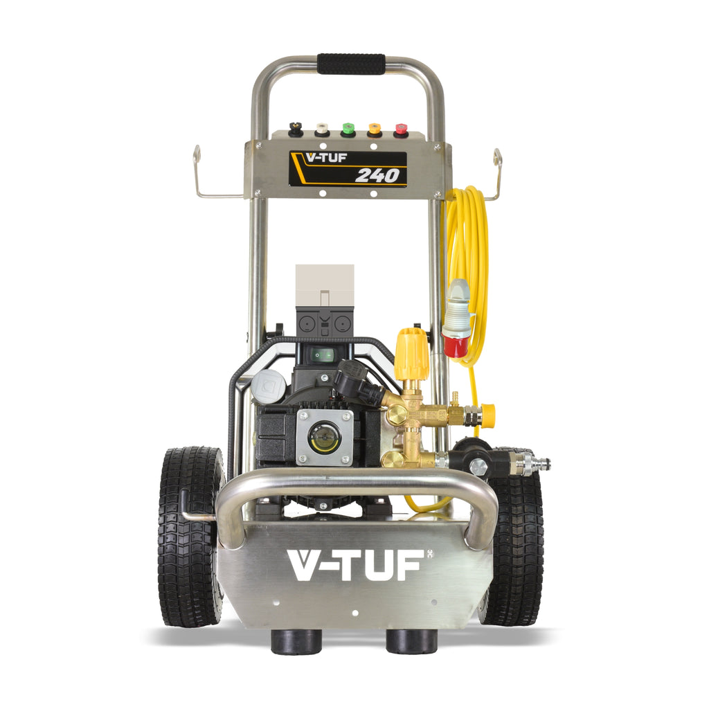 V-TUF 415V pressure washer close-up of pump head and high pressure outlet at 150 Bar