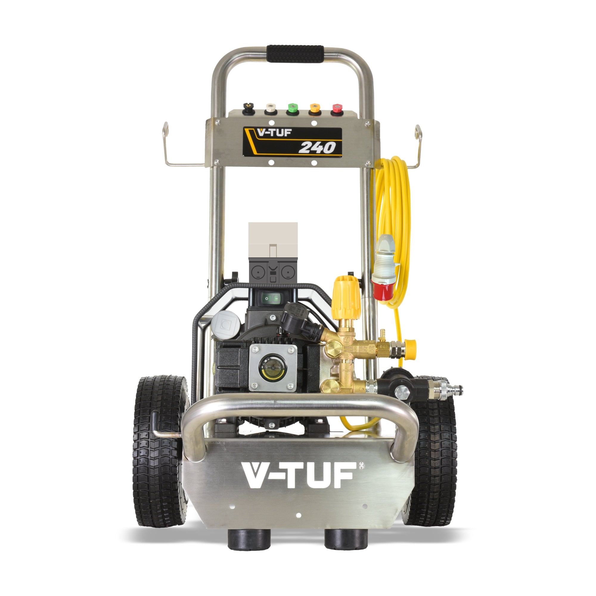 V-TUF 415V pressure washer close-up of pump head and high pressure outlet at 150 Bar
