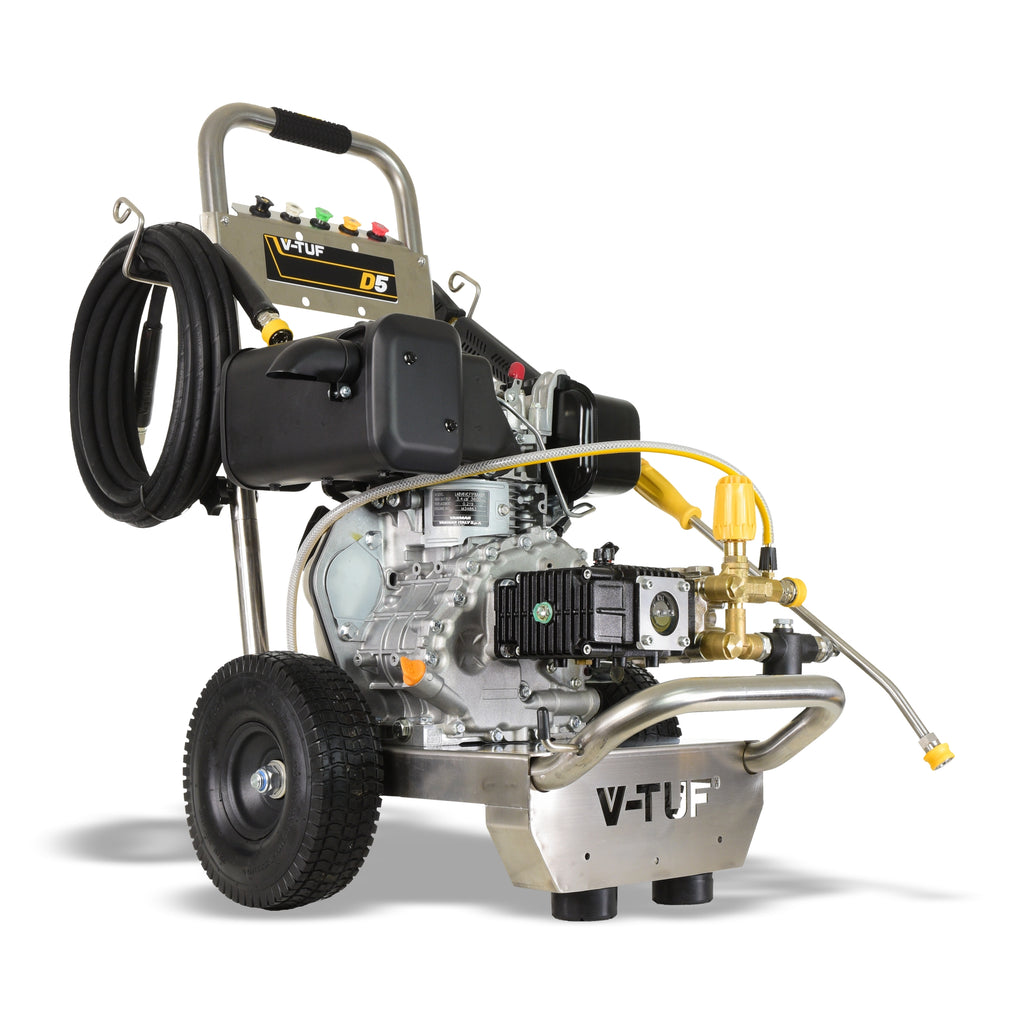 V-TUF D5 diesel washer rear view showing fuel tank and hose connections