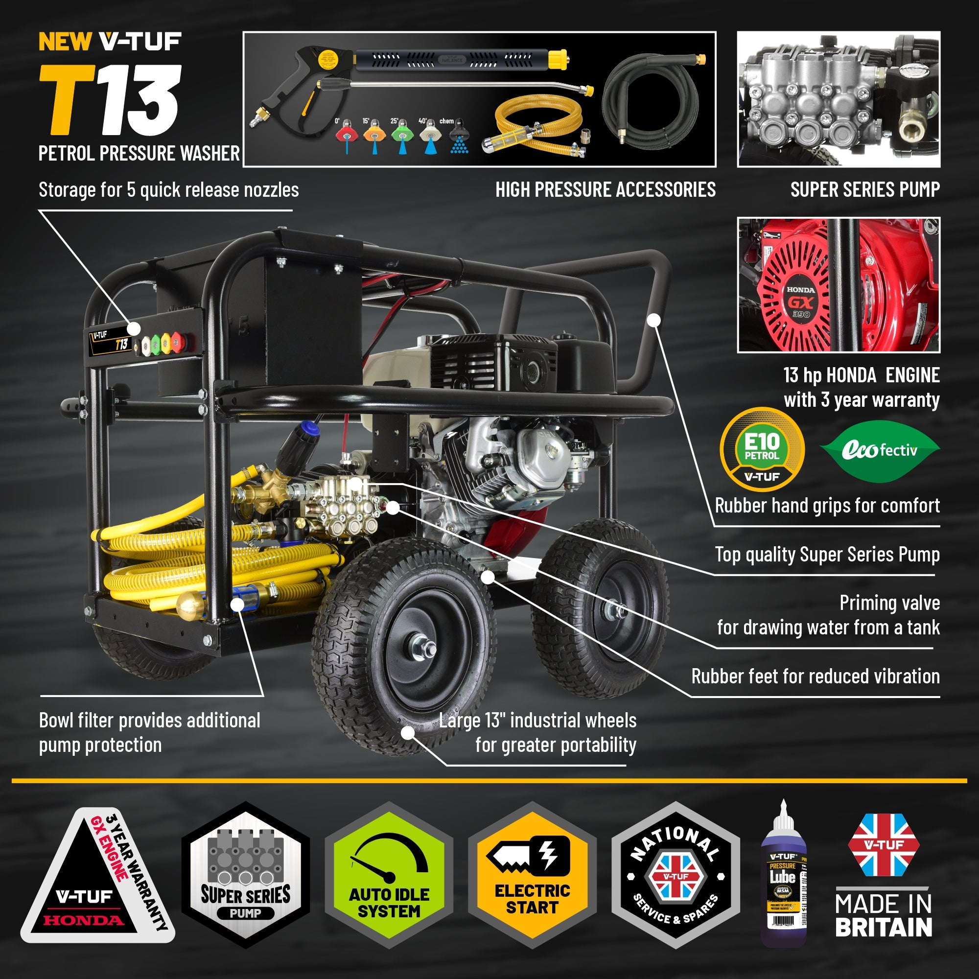 V-TUF VTUFT13-GB200 side view showing 13HP Honda engine, gearbox and roll cage frame