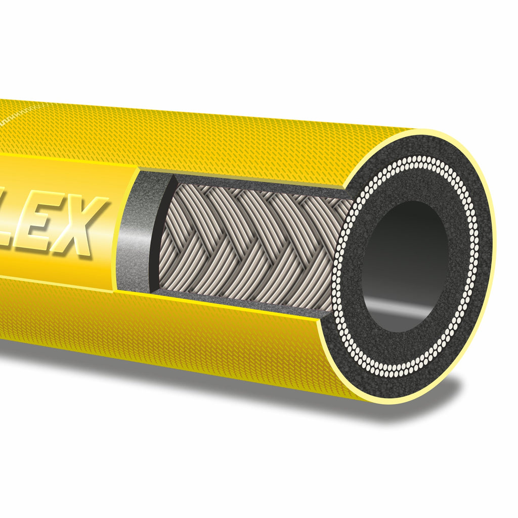 V-TUF yellow jetwash hose close-up showing wire reinforcement and rubber construction