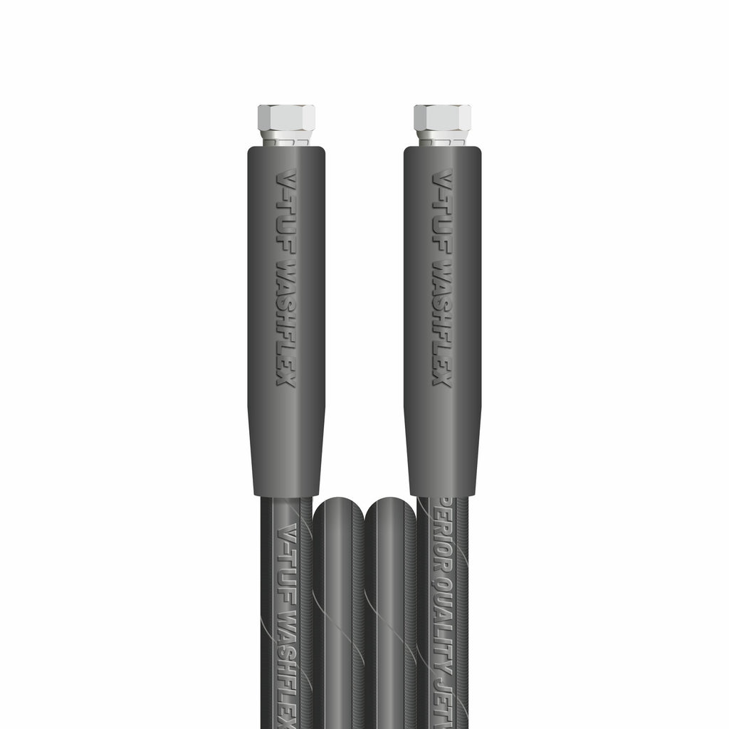 V-TUF VTK23810FFYK black jetwash hose assembly showing end fittings and black rubber outer