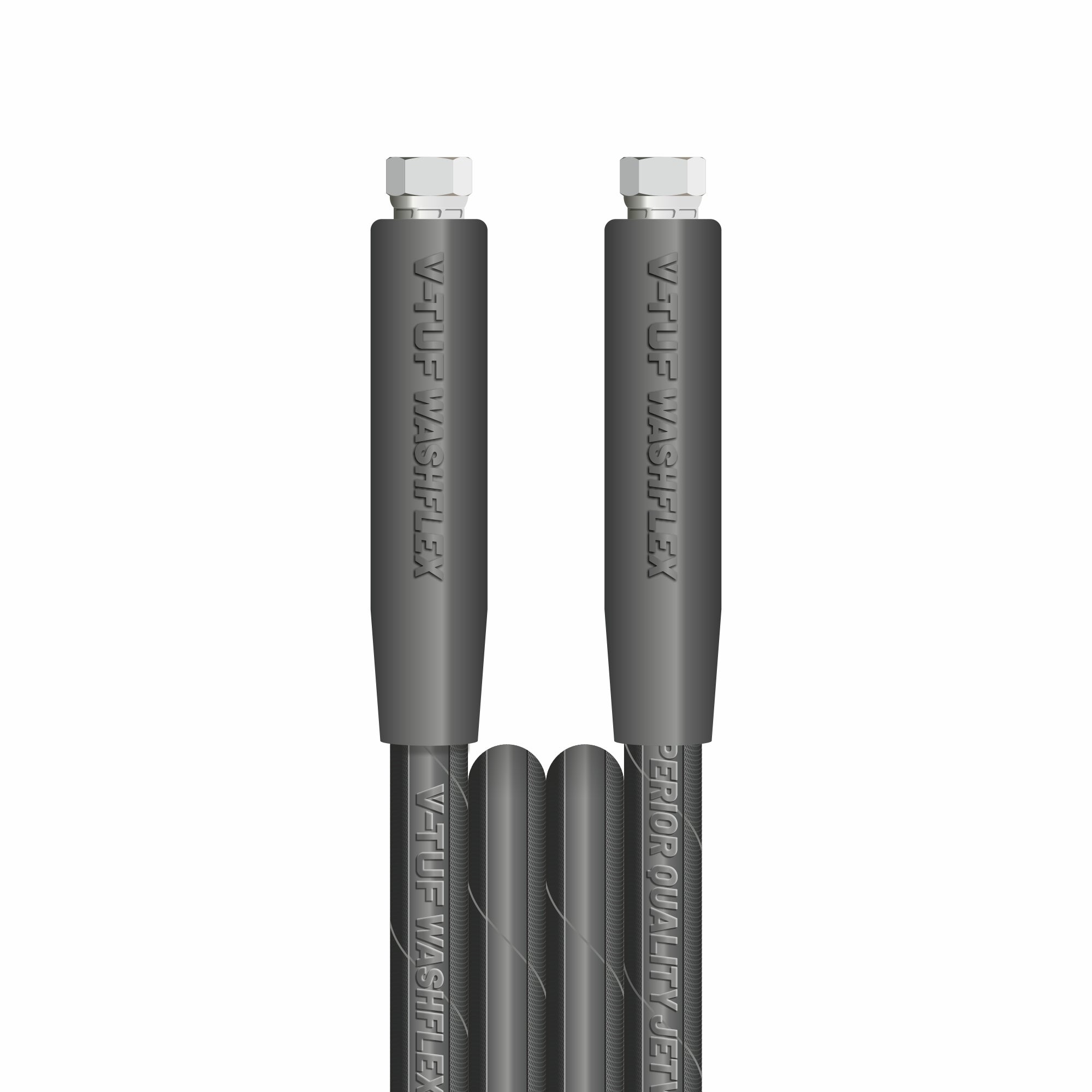 V-TUF VTK23810FFYK black jetwash hose assembly showing end fittings and black rubber outer