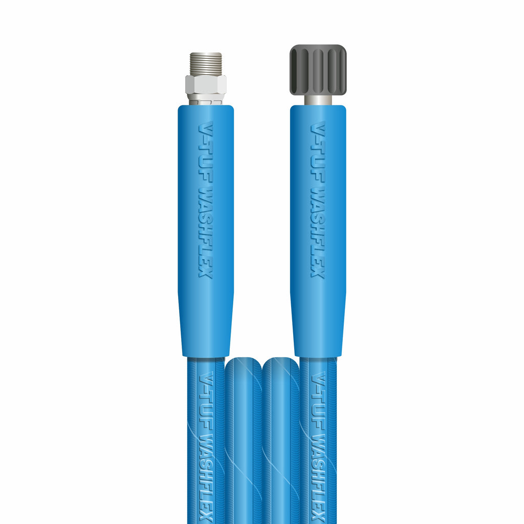 V-TUF blue 2-wire 5/16 jetwash hose with M22F and 3/8M fittings and cuffs, fitting detail view