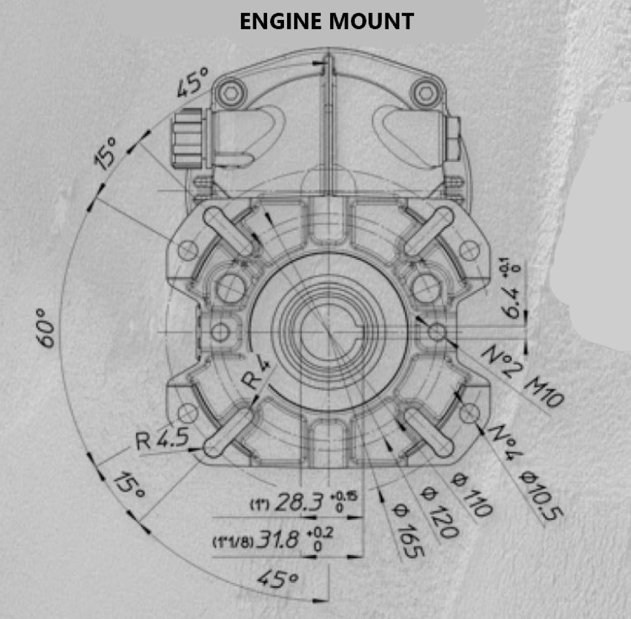 V-TUF XHDG500SS gearbox rear view showing 24mm pump output shaft