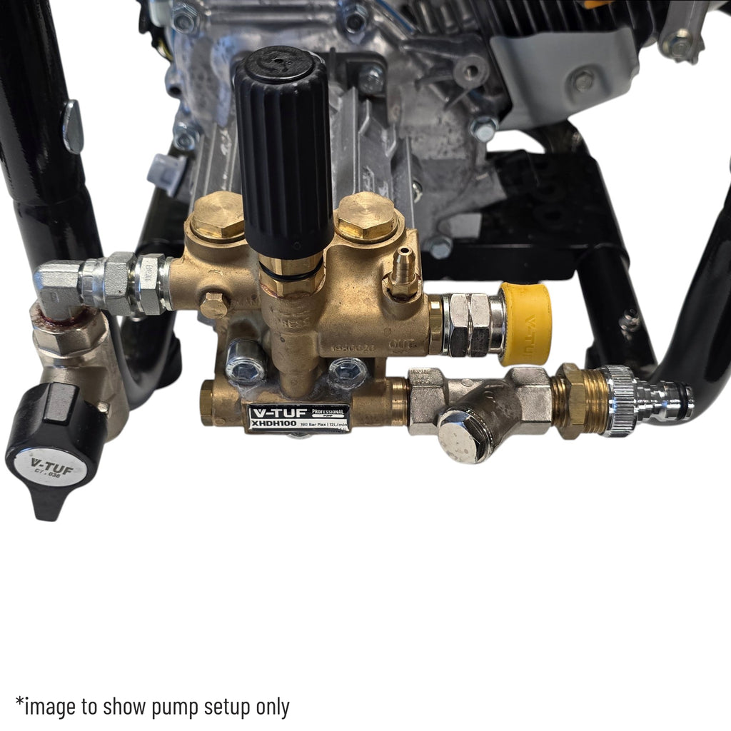 V-TUF GPT200 petrol pressure washer detail showing pump and unloader assembly