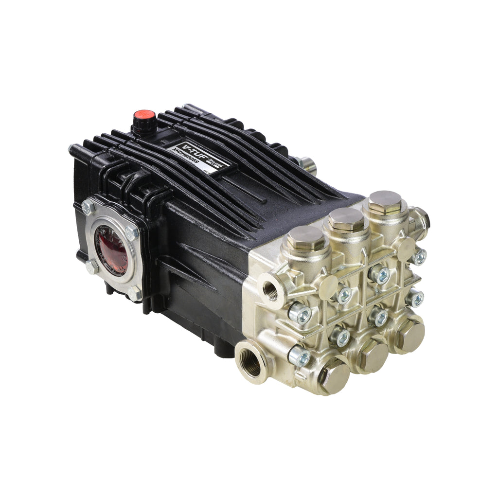 V-TUF XHDM600SS pump side view showing male shaft, stainless manifold and 30L/min body
