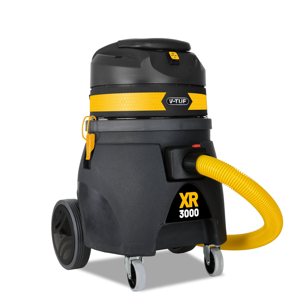 V-TUF XR3000 vacuum close-up showing 30L recycled plastic body and 1700W motor inlet
