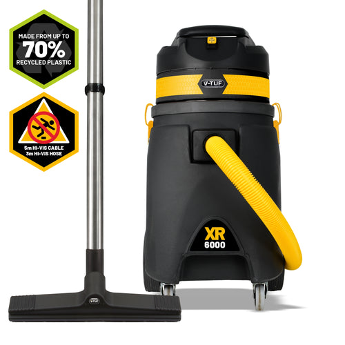V-TUF XR6000-240 vacuum side view showing recycled plastic body and 60L drum