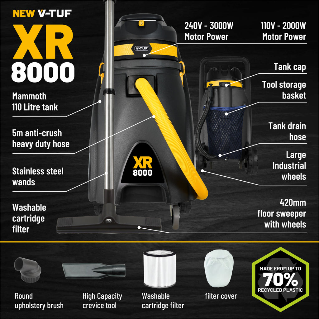 V-TUF XR8000 80L 1700W High Performance Wet & Dry Industrial Vacuum Cleaner - Made from 70% Recycled Plastic - 110V (Transformer Required)