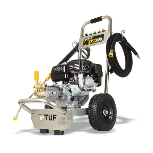 V-TUF XRT200-KIT1 side view showing Honda GX200 engine, pump and stainless frame