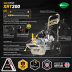 V-TUF XRT200 petrol washer rear view showing water inlet, detergent tank and wheel assembly