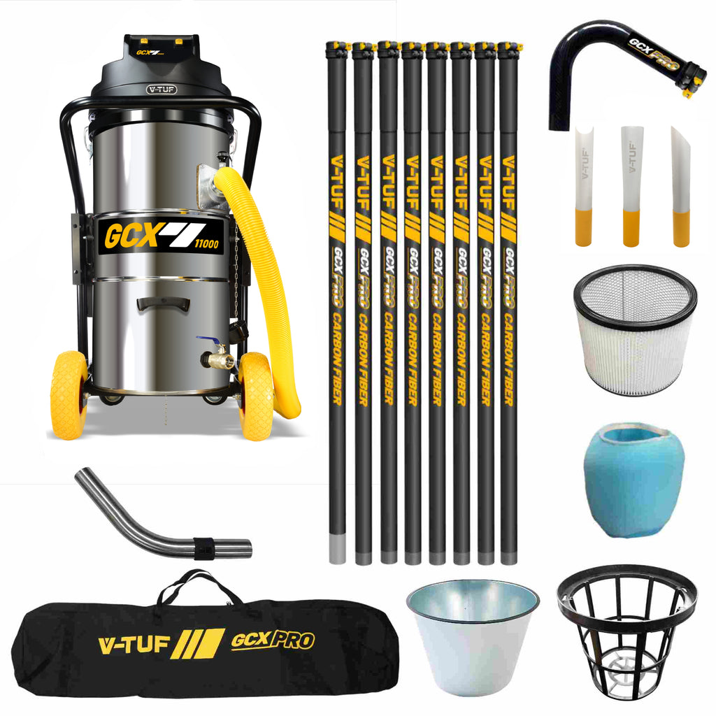 V-TUF GCX11000 3.5kW 100L vacuum GCX11000-240-KIT2 with 40ft carbon fibre gutter kit, front view