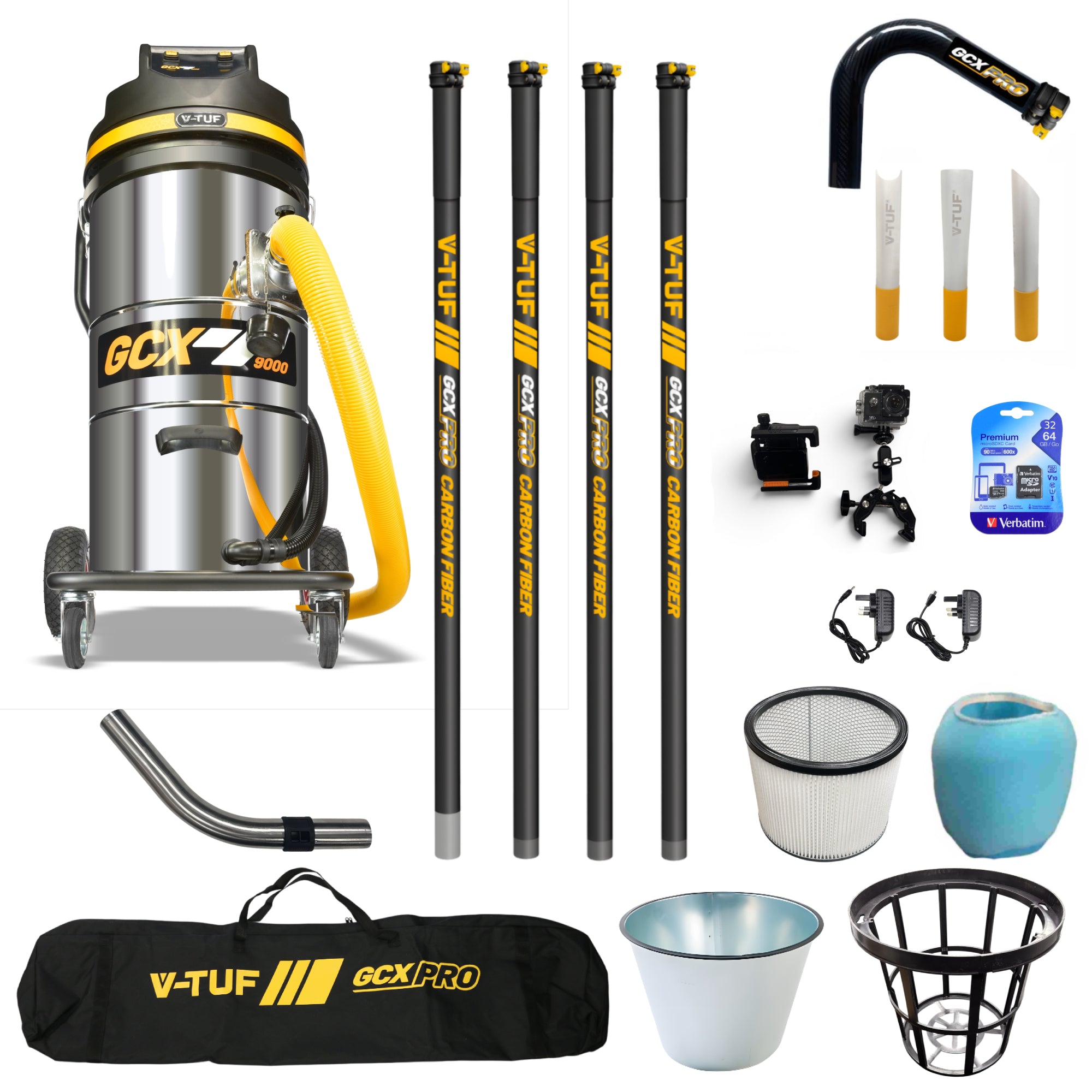 V-TUF 3.5KW 100L XTRA LARGE & RUGGED Industrial Powerful Vacuum Cleaner + 20FT GCX PRO CARBON FIBRE GUTTER KIT, CAMERA & BAG