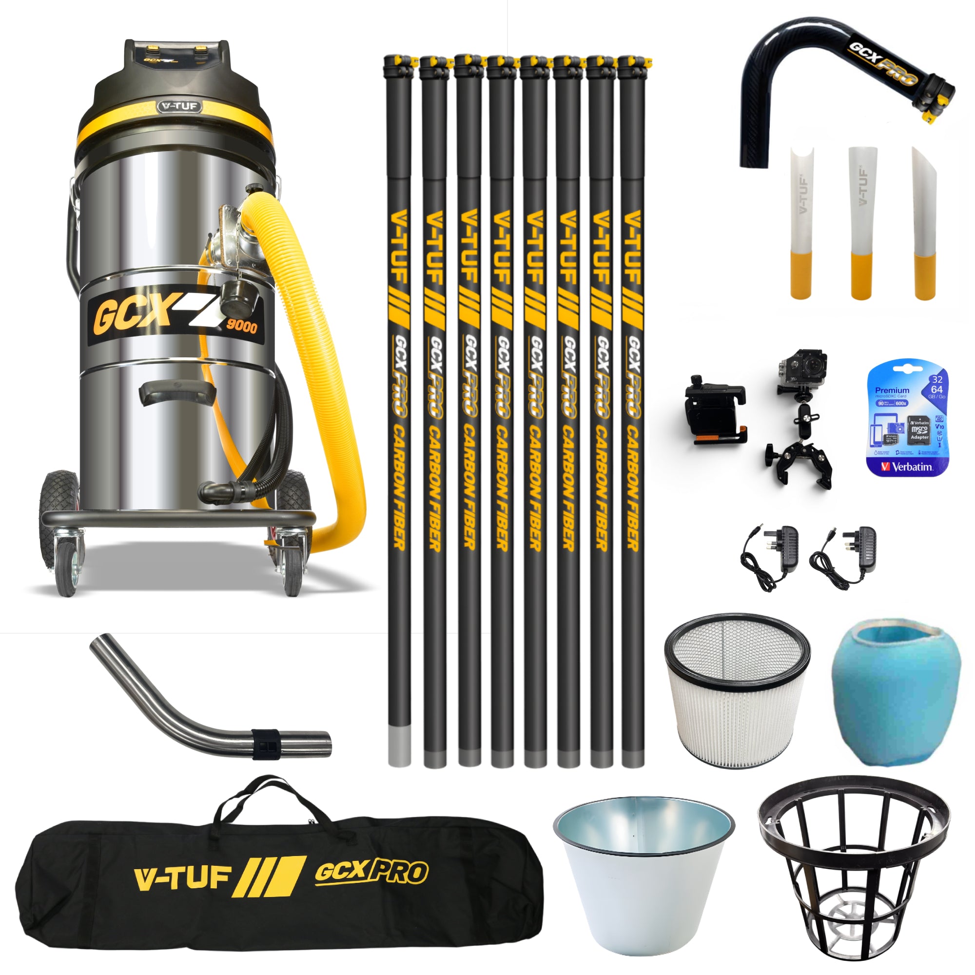 V-TUF 3.5KW 100L XTRA LARGE & RUGGED Industrial Powerful Vacuum Cleaner + 40FT GCX PRO CARBON FIBRE  GUTTER KIT, CAMERA & BAG