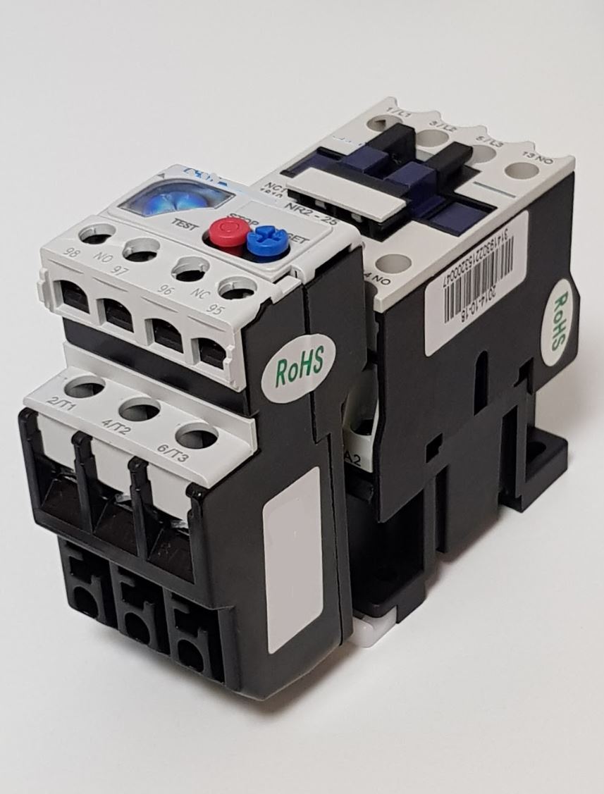 V-TUF I11.500 overload relay fitted to contactor showing combined assembly