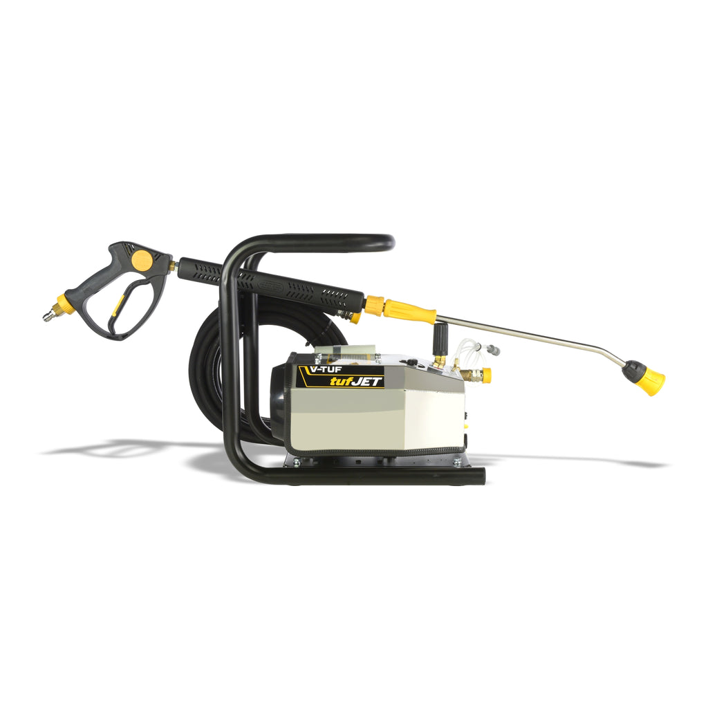 V-TUF tufJET1 electric pressure washer angle view showing trigger gun and hose storage