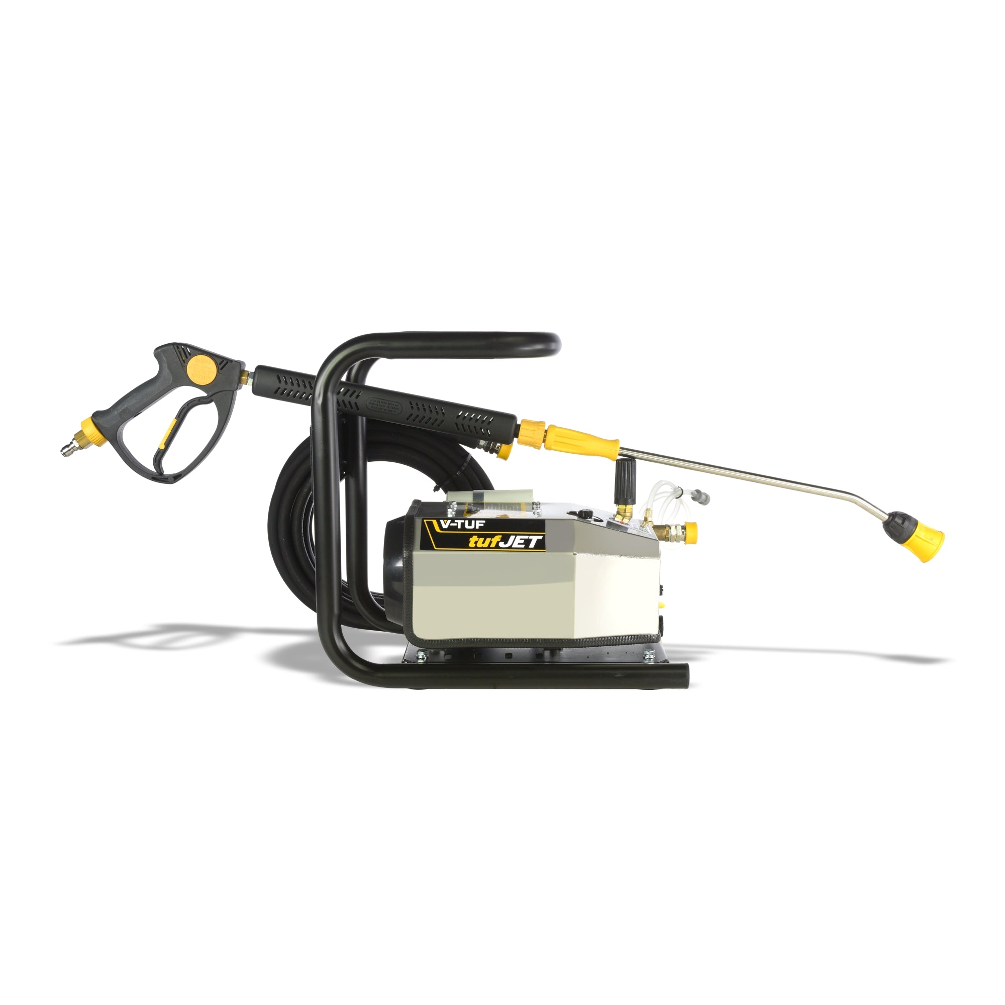 V-TUF tufJET1 electric pressure washer angle view showing trigger gun and hose storage