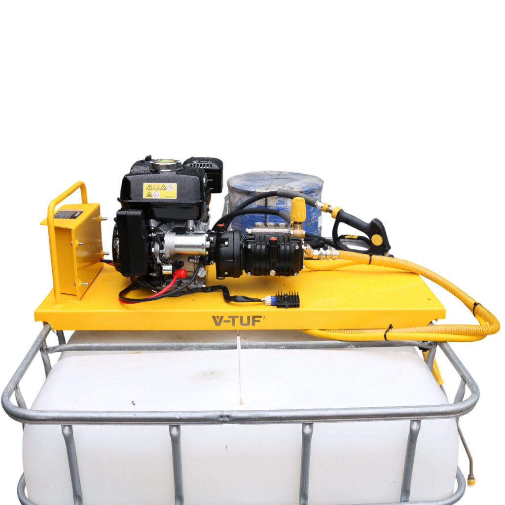 V-TUF tufJET IBC gearbox petrol washer angle view showing IBC tank and pump assembly