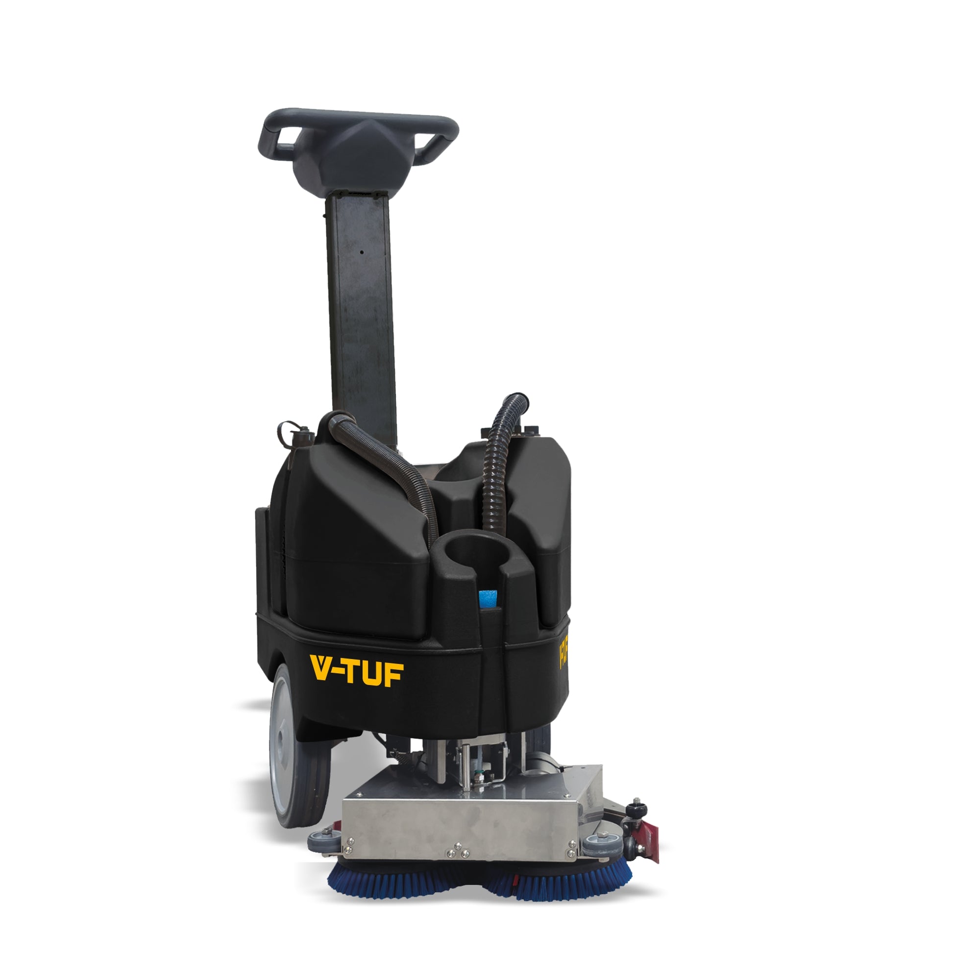 V-TUF tufSCRUB T battery scrubber drier angle view showing deck and battery housing
