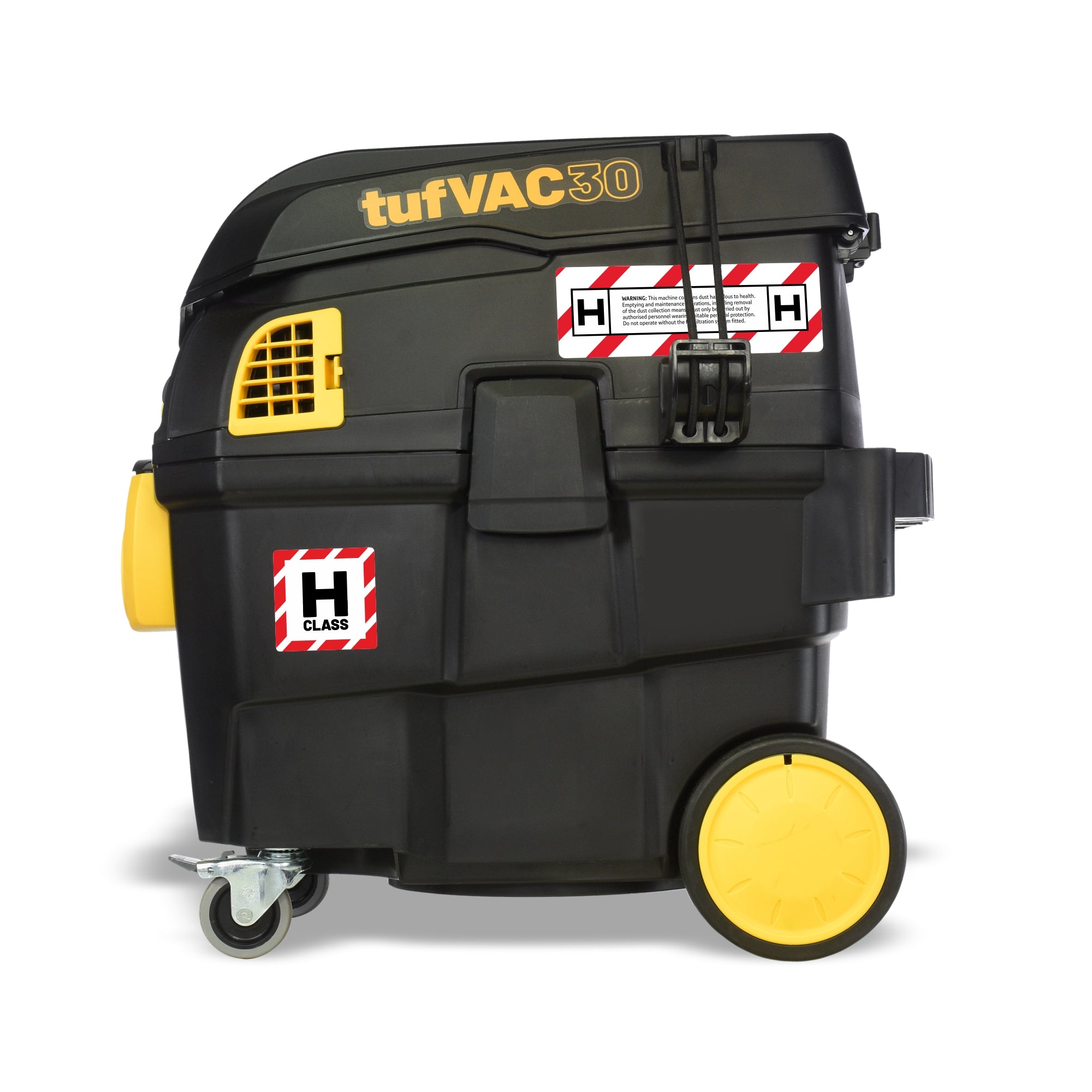 V-TUF TUFVAC30H240 H-Class extractor angle view showing collection drum and filter housing